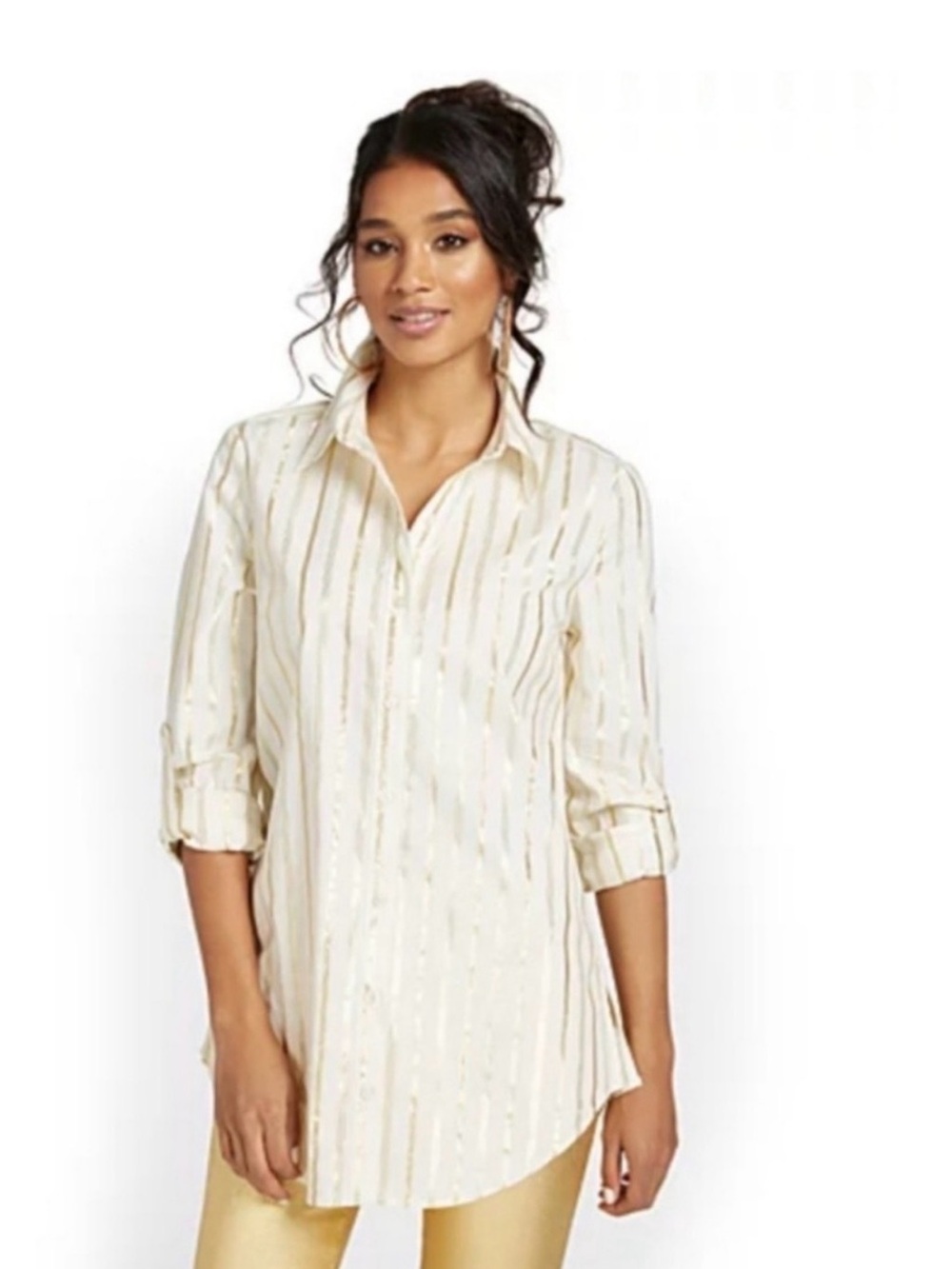 New York & Company Metallic Gold Stripe Tunic Button Down Shirt Women’s XL